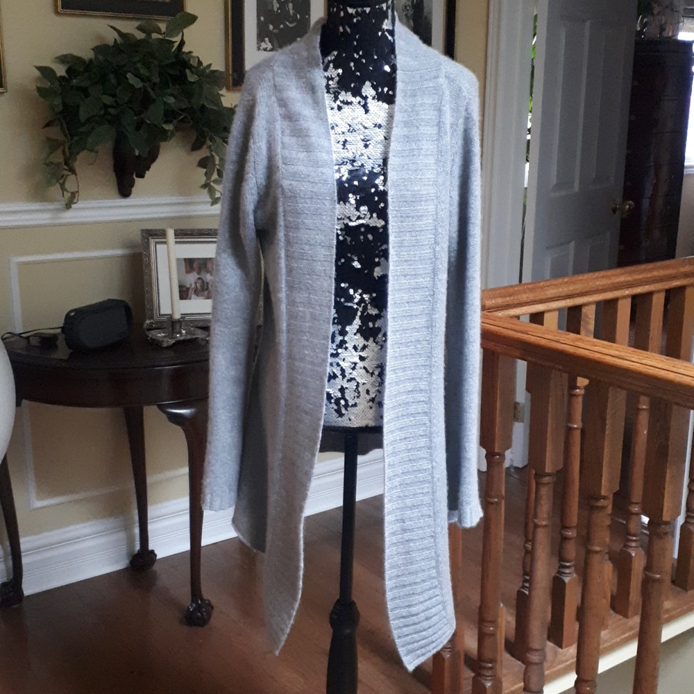 Mario Serrani Vintage Light Gray Open-Front 100% Cashmere Knit Cardigan